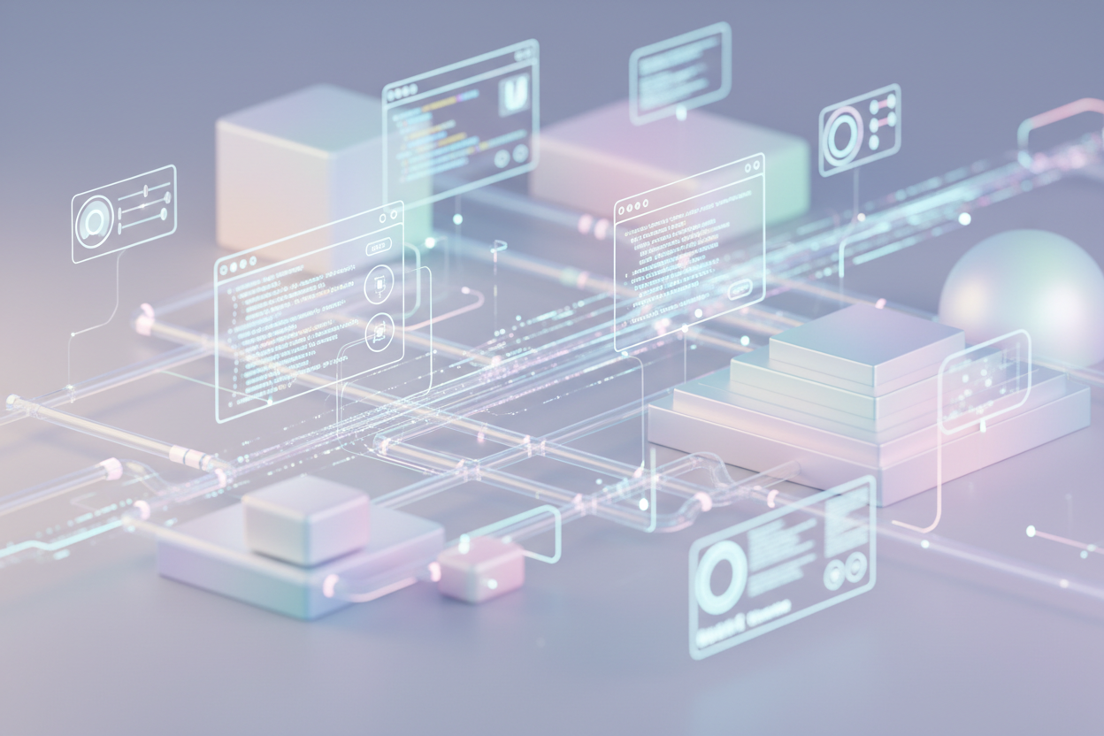 3D pastel holographic system pipelines connecting through floating code windows,
flowing data streams, scalable architecture blocks, glowing tech lines,
Shopify-inspired digital ecosystem, smooth depth-of-field, soft neon gradients,
clean futuristic UI elements, stable and reliable infrastructure aesthetic
