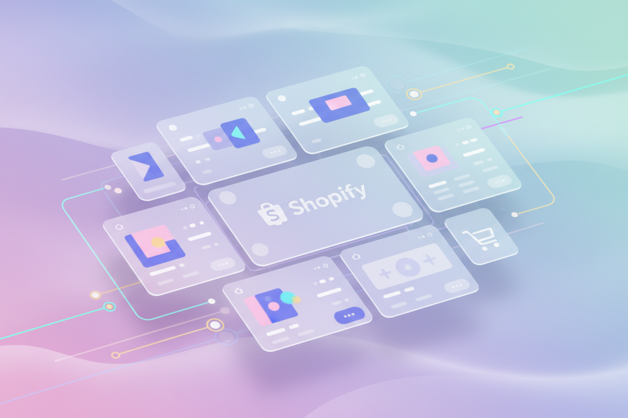 abstract Shopify UI mockup scene, floating translucent interface panels, pastel gradient background, minimal grid layout, soft shadows, glass-like UI cards, smooth motion graphics style, premium UX design aesthetic