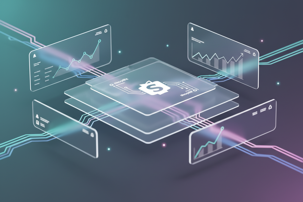 Elegant holographic panels and floating layers connected by smooth neon data flows, representing Shopify performance optimization.
Soft gradients (teal, violet, rose pink) with fluid motion trails, transparent UI surfaces, and glowing pathways.
Dreamy futurism without heavy HUD — clean, refined, minimal tech aesthetic.
Balanced lighting, controlled details, emphasizing efficiency, refinement, and data-driven improvement.