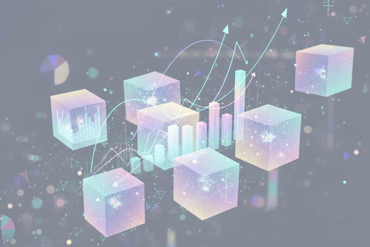 floating translucent data cubes with glowing analytics nodes,
rising 3D graphs, softly illuminated particles, insight-driven motion,
futuristic optimization aesthetic, pastel holographic tones,
continuous improvement visualized through flowing data lines