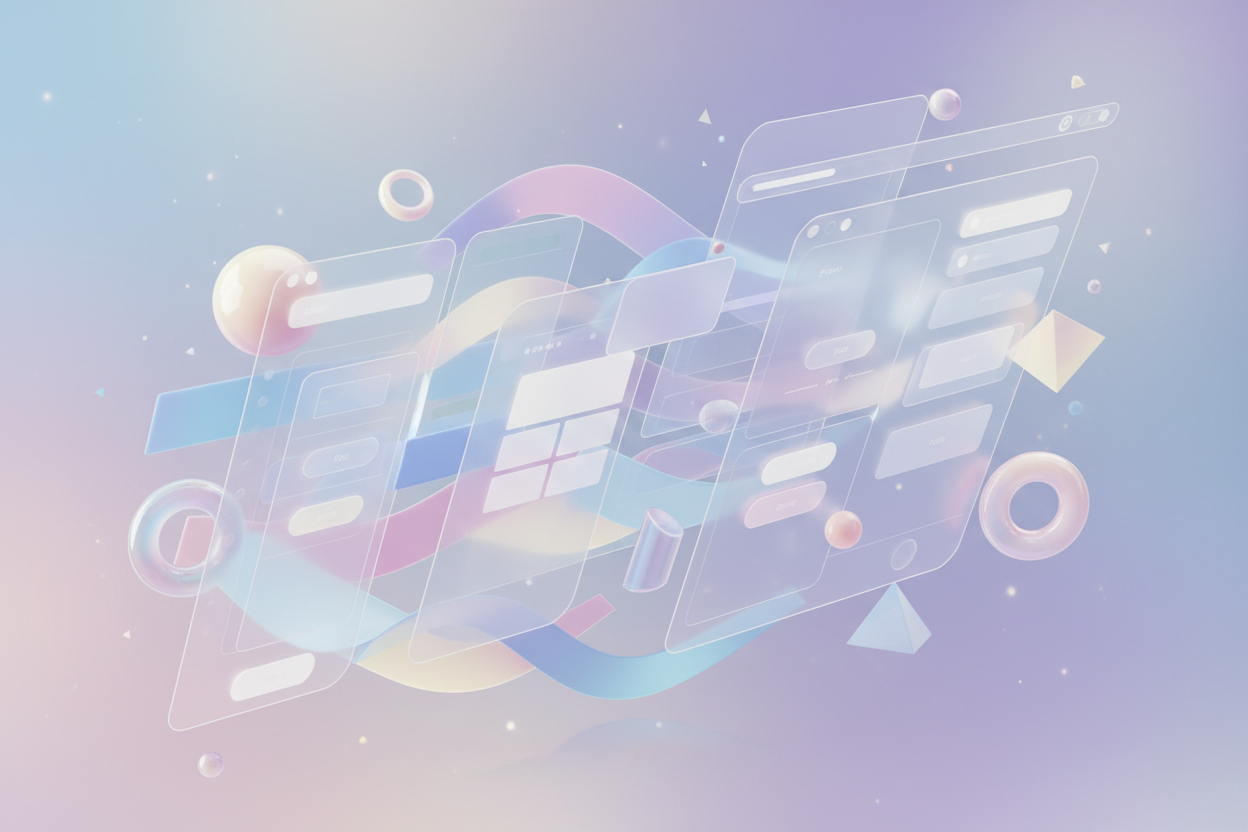 floating UI panels and design modules assembling into a cohesive layout,
soft pastel flowing ribbons representing UX flow, modular content blocks,
glossy 3D elements with gentle lighting, creative visual composition,
Shopify-inspired page structure in abstract form, elegant and emotional design aesthetic