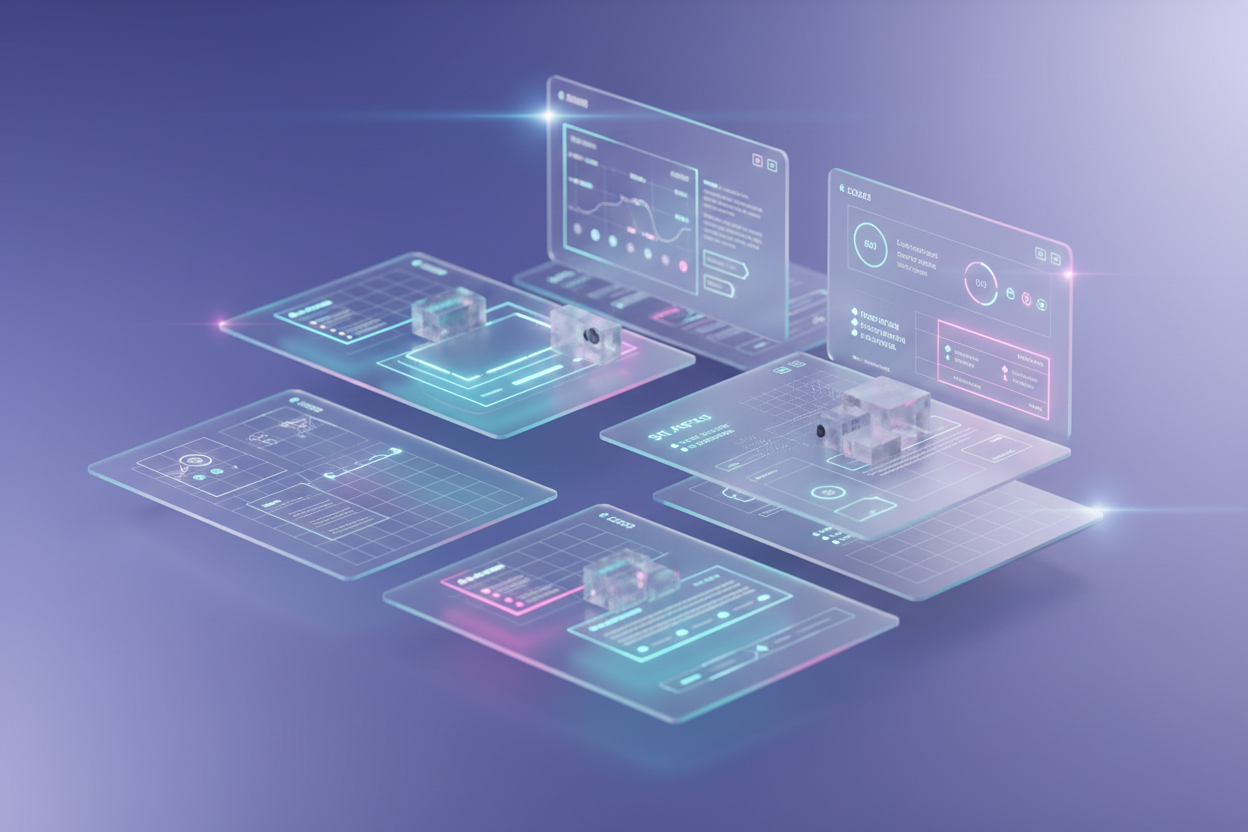 glassy UI panels floating in 3D space, structured layout grids, neon interface highlights, layered page mockups, soft lavender and blue tones, modular components, clean futuristic UX elements, refined digital aesthetics