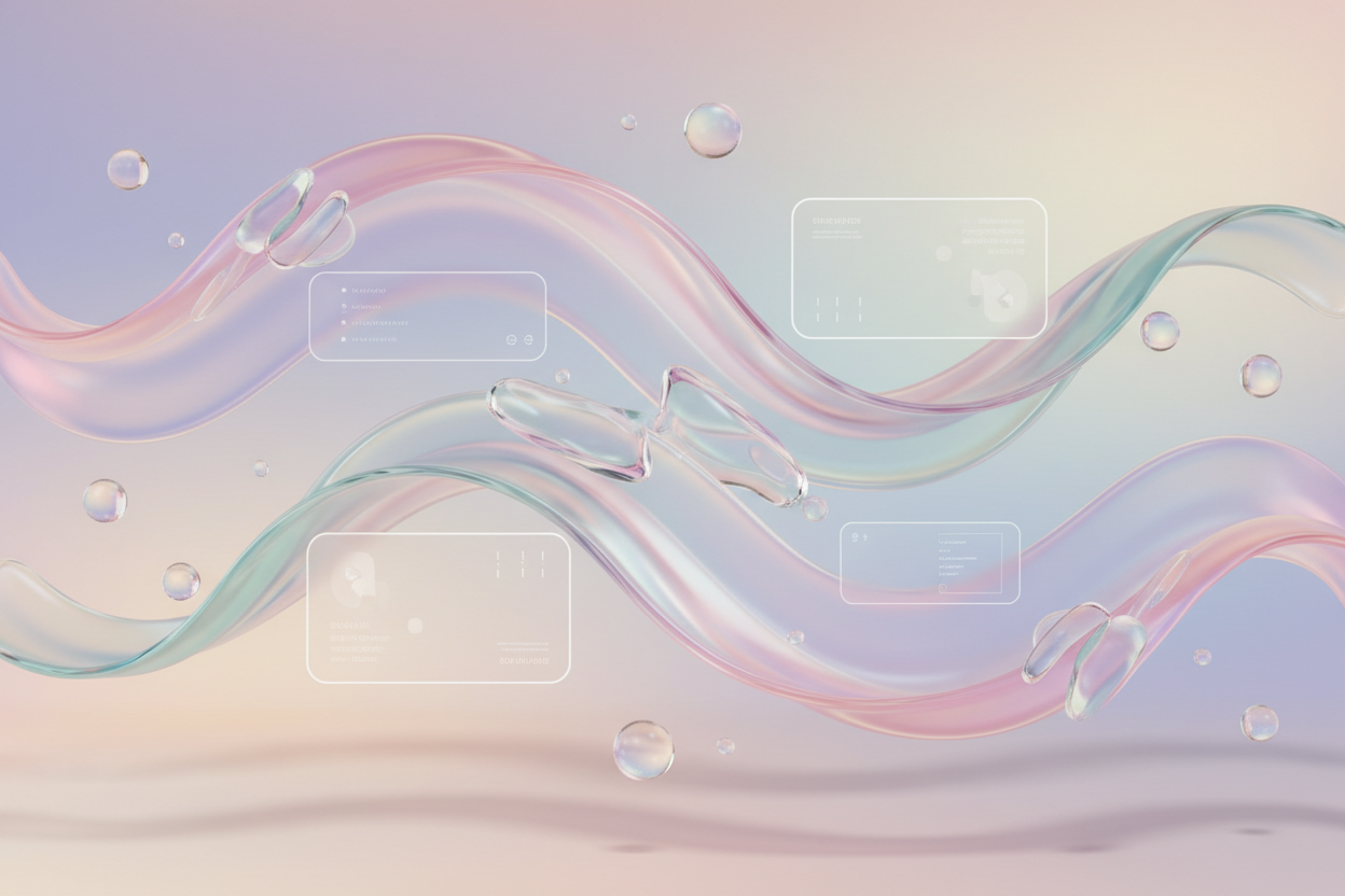 pastel fluid ribbons, soft floating banners, glossy gel shapes, minimal content modules, simple UI blocks, lightweight composition, airy gradient background, translucent spheres, smooth soft lighting, dreamy creative atmosphere