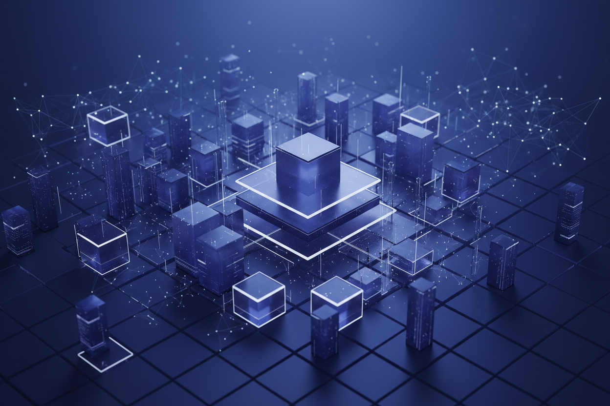 premium deep blue and purple tones, complex 3D design system, floating transparent cubes, layered brand ecosystem, enterprise-scale structures, glowing nodes and connections, high-end futuristic style, dimensional visual hierarchy