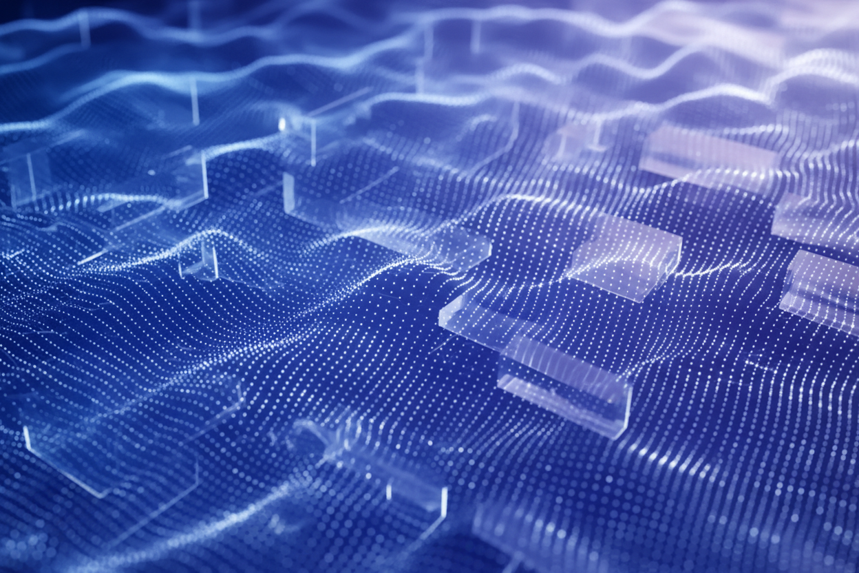 Soft flowing abstract waves, calm data stream patterns, luminous particles moving in synchronized paths, smooth premium gradients, organized futuristic ambience, translucent layered shapes representing stable operations, no text, no letters.