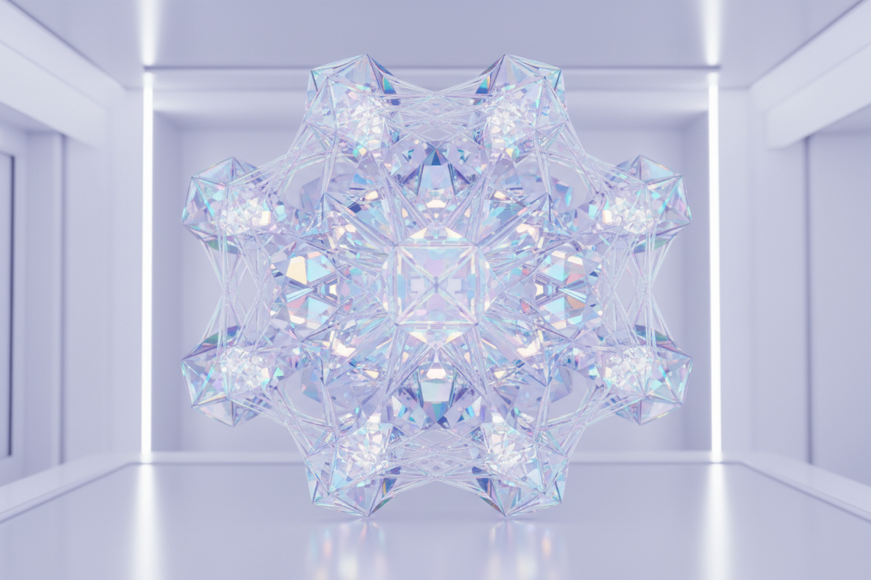 A crystal-engineered structure made of symmetrical geometric clusters, holographic reflections, iridescent crystal filaments connecting each part like a precision network. Soft pastel lighting (lavender, pearl white, icy blue). High-end futuristic aesthetic, clean, sharp, and meticulously organized, symbolizing precision and expert craftsmanship.
