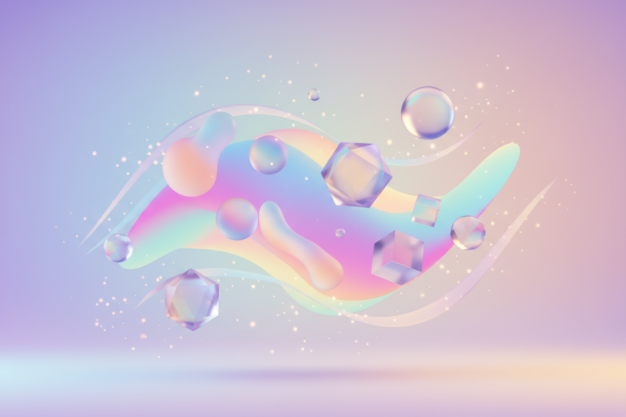 Dreamlike premium gradient background, floating abstract shapes, soft luminous particles, translucent geometric forms, harmonious motion energy, modern brand identity atmosphere, minimal and futuristic, no text, no letters.
