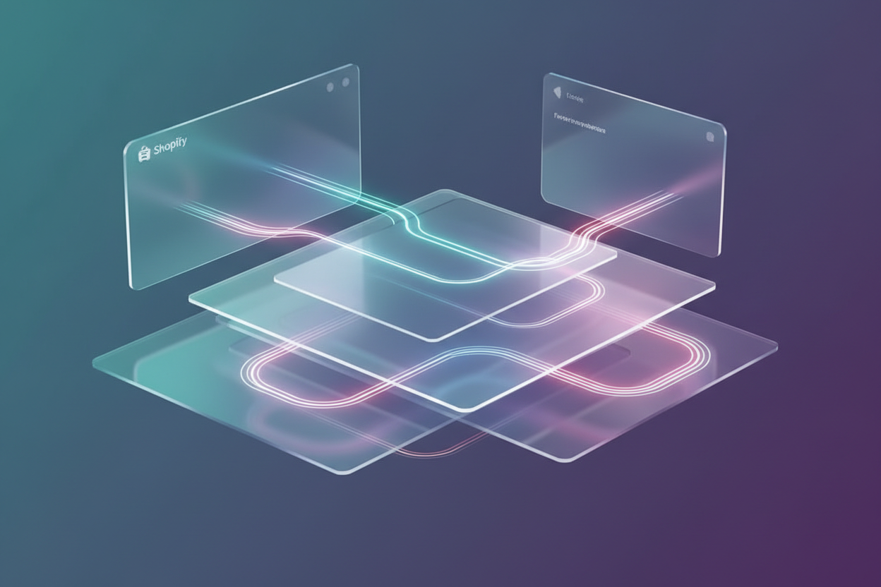 Elegant holographic panels and floating layers connected by smooth neon data flows, representing Shopify performance optimization.  
Soft gradients (teal, violet, rose pink) with fluid motion trails, transparent UI surfaces, and glowing pathways.  
Dreamy futurism without heavy HUD — clean, refined, minimal tech aesthetic.  
Balanced lighting, controlled details, emphasizing efficiency, refinement, and data-driven improvement.
