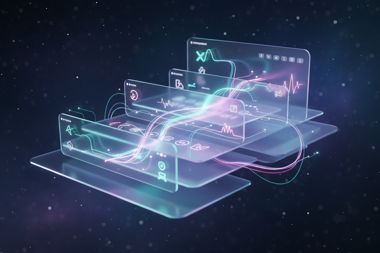 Elegant holographic UI layers floating with fluid data flows, expressing continuous optimization and performance refinement.  
Smooth neon gradients (teal, lavender, soft pink) with soft light trails and transparent glass panels.  
Dreamlike futurism, minimal and premium — no harsh HUD, no cyberpunk UI.  
Refined volumetric glow and clean visual hierarchy, representing smarter, faster, conversion-focused improvements.
