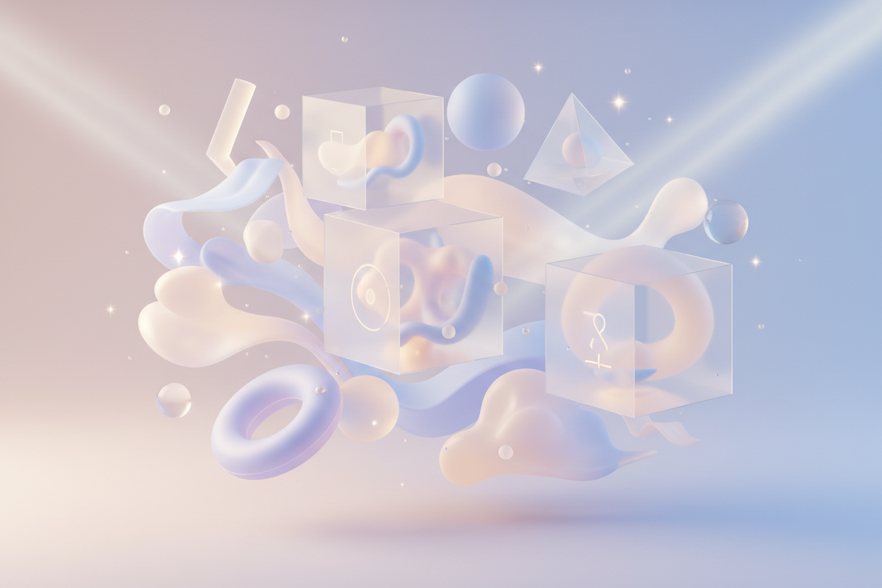 pastel floating graphic elements, translucent content shapes, soft glowing particles, abstract storytelling composition, premium artistic style, smooth gradients, minimal modern content design aesthetic
