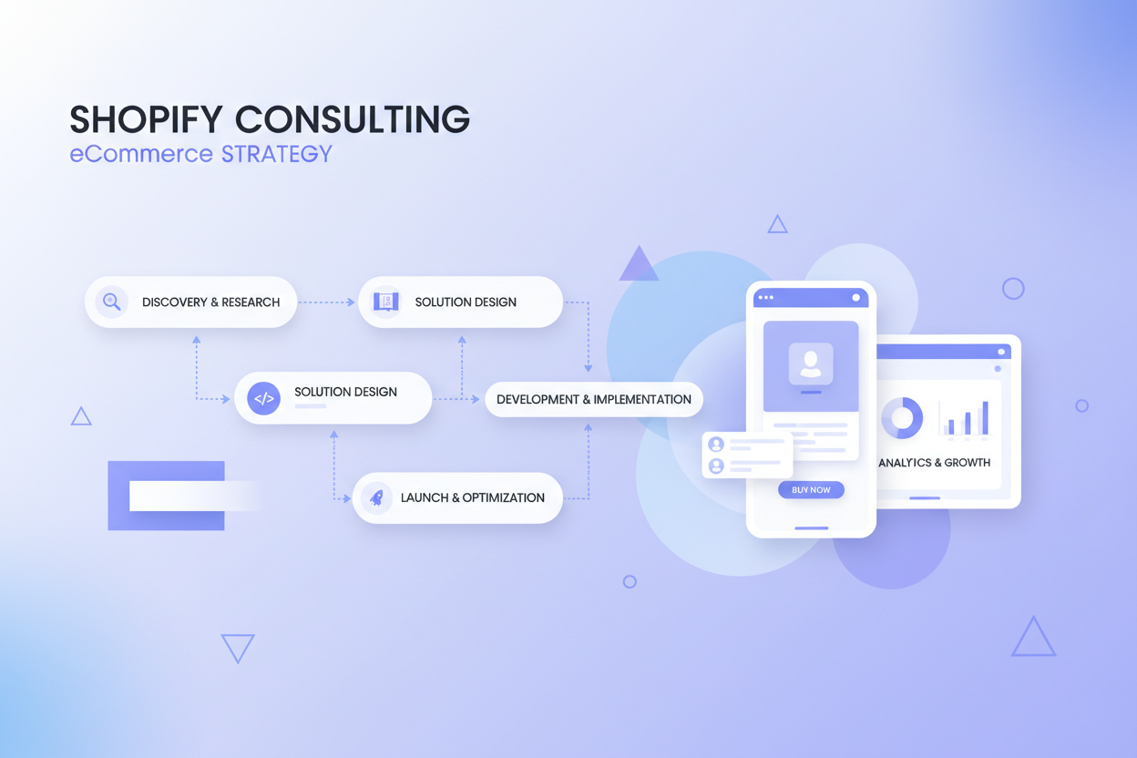 Shopify consulting, eCommerce strategy, UX flow, clean minimal design, soft gradients, professional look